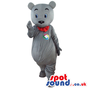 Grey Teddy Bear Plush Mascot With A Red Collar And A Logo -