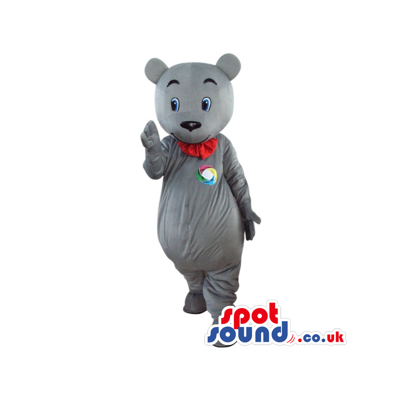 Grey Teddy Bear Plush Mascot With A Red Collar And A Logo -
