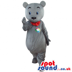 Grey Teddy Bear Plush Mascot With A Red Collar And A Logo -