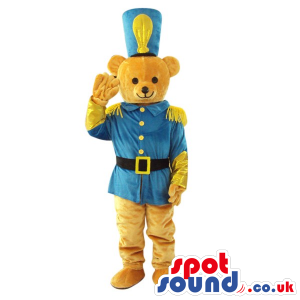 Brown Teddy Bear Plush Mascot Wearing A Blue Soldier Uniform -