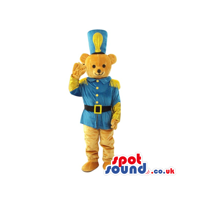 Brown Teddy Bear Plush Mascot Wearing A Blue Soldier Uniform -