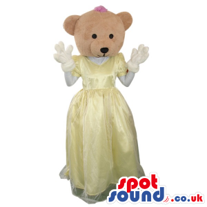 Beige Teddy Bear Girl Plush Mascot Wearing A Yellow Dress -
