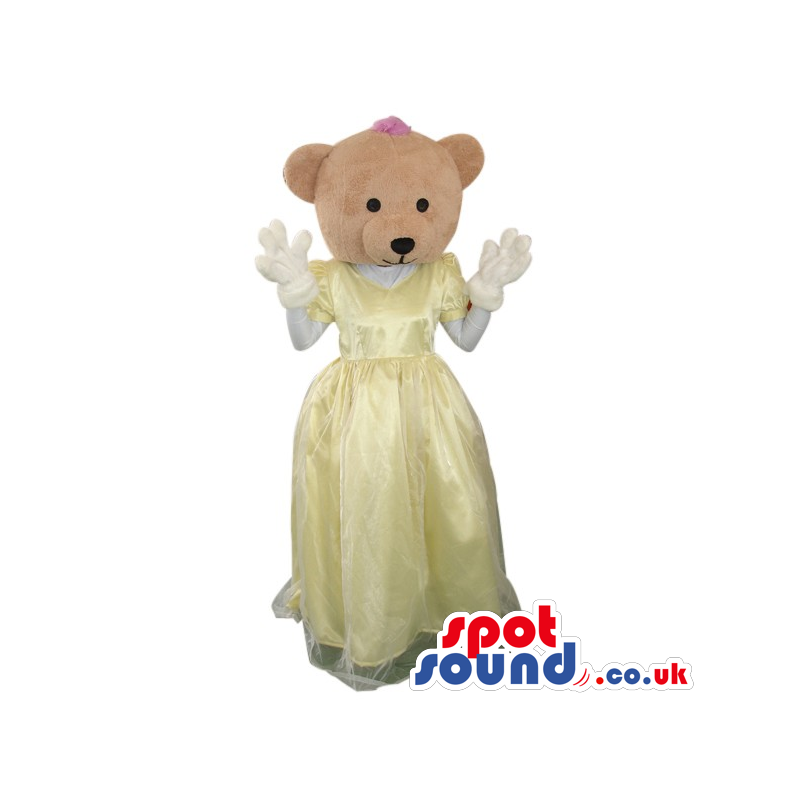 Beige Teddy Bear Girl Plush Mascot Wearing A Yellow Dress -