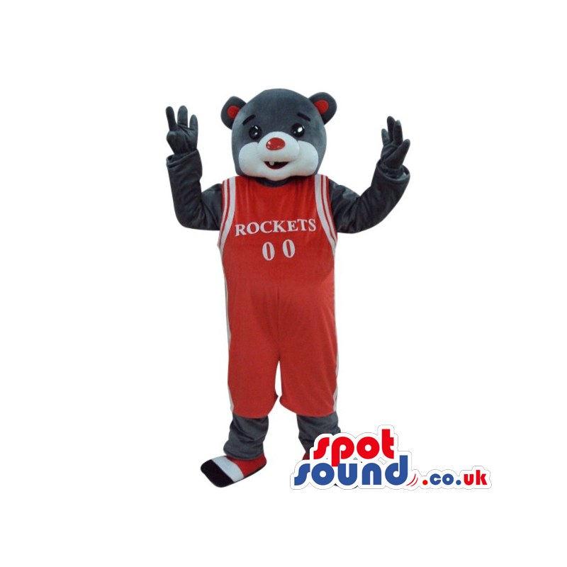 Grey Teddy Bear Plush Mascot Wearing Red Basketball Clothes -