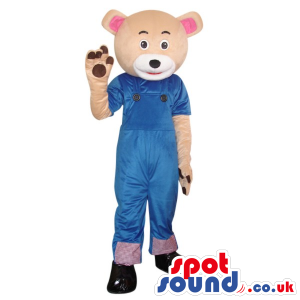 Brown Teddy Bear Plush Mascot Wearing Blue Overalls - Custom