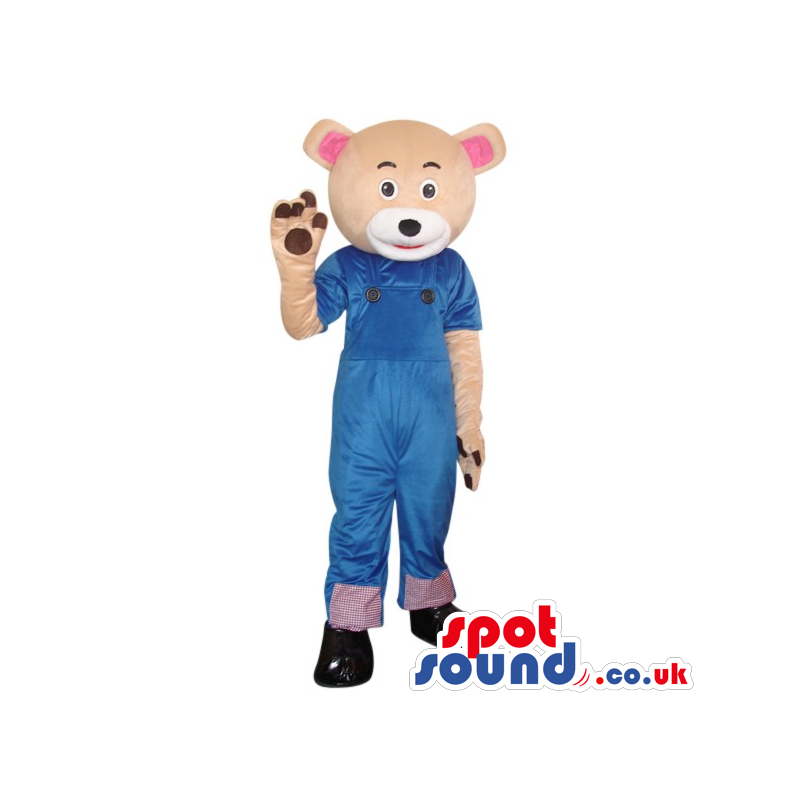 Brown Teddy Bear Plush Mascot Wearing Blue Overalls - Custom