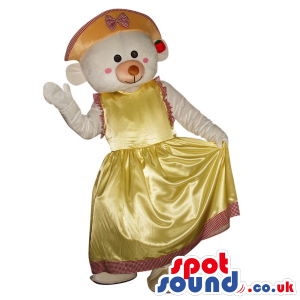 White Teddy Bear Girl Plush Mascot Wearing A Yellow Dress -