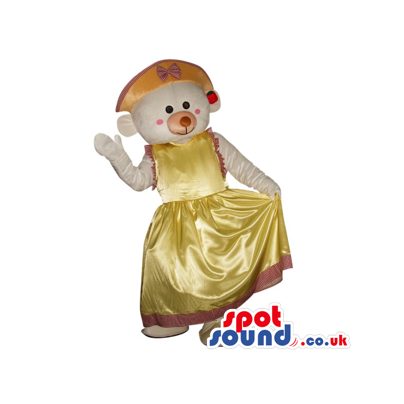 White Teddy Bear Girl Plush Mascot Wearing A Yellow Dress -