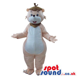 Beige Bear Plush Mascot With A Big White Belly, Wearing A Hat -