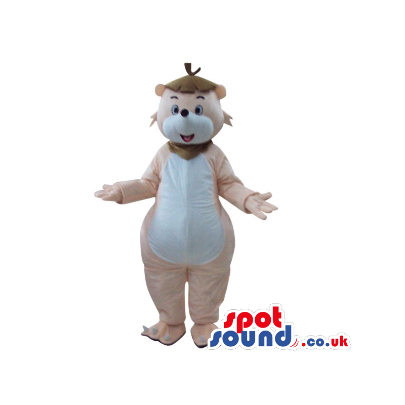 Beige Bear Plush Mascot With A Big White Belly, Wearing A Hat -