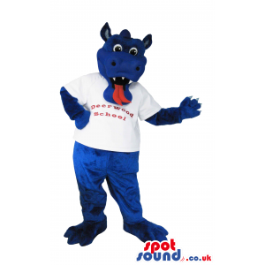 Cute Blue Dragon Plush Mascot Wearing A T-Shirt With Text -