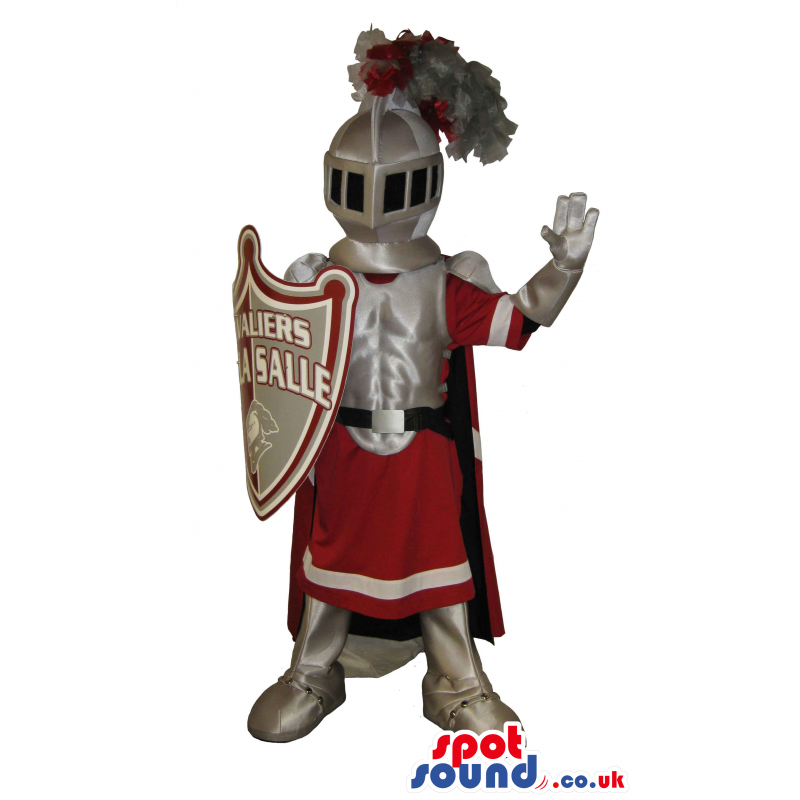 Medieval Warrior Mascot Wearing Red And Silver Garments -