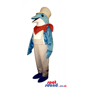 Cute Happy Blue And White Dolphin Mascot Wearing Country