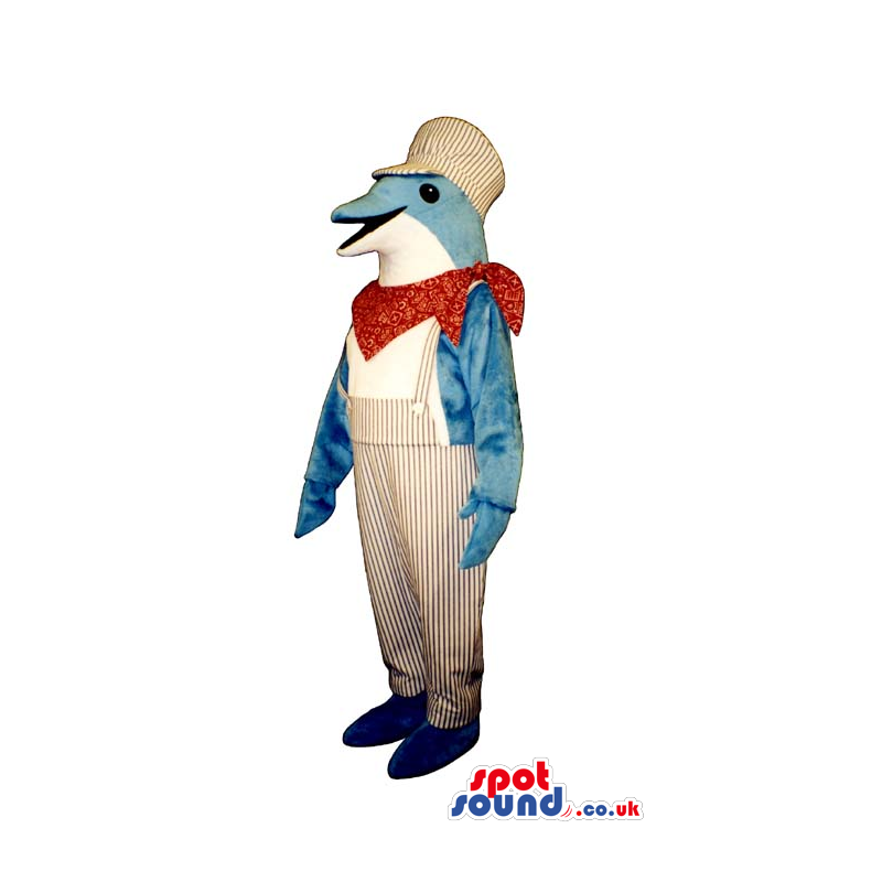 Cute Happy Blue And White Dolphin Mascot Wearing Country