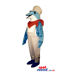 Cute Happy Blue And White Dolphin Mascot Wearing Country