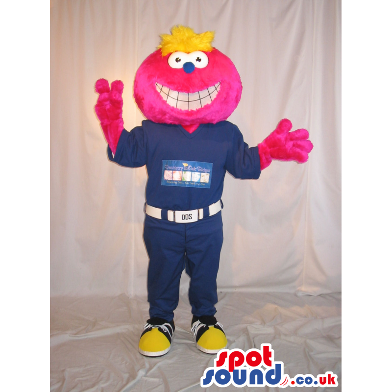 Pink Happy Creature Plush Mascot Wearing Blue Clothes - Custom