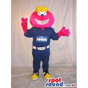 Pink Happy Creature Plush Mascot Wearing Blue Clothes - Custom