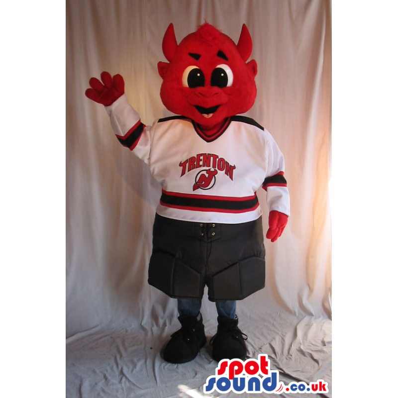 Red Devil Character Mascot With Sports Clothes Wit A Logo -