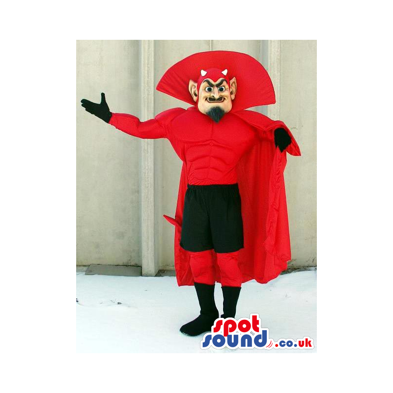 Red Devil Character Mascot With Black And Red Garments - Custom