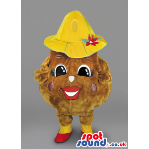 Chocolate chip cookie mascot with yellow hat and red lipstick