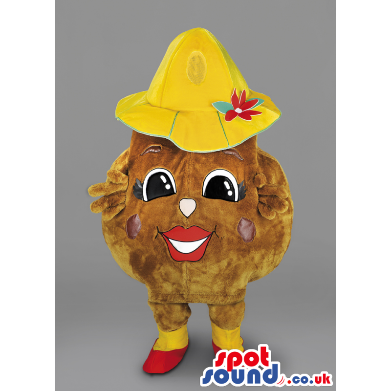 Chocolate chip cookie mascot with yellow hat and red lipstick -