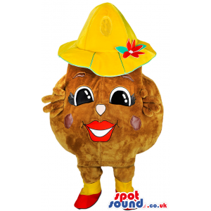 Chocolate chip cookie mascot with yellow hat and red lipstick -