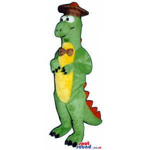 Green Alligator Plush Mascot Wearing A Checked Hat And Bow Tie