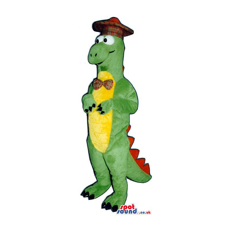 Green Alligator Plush Mascot Wearing A Checked Hat And Bow Tie