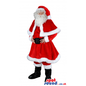 Red Santa Claus mascot with red capelet, hat with white