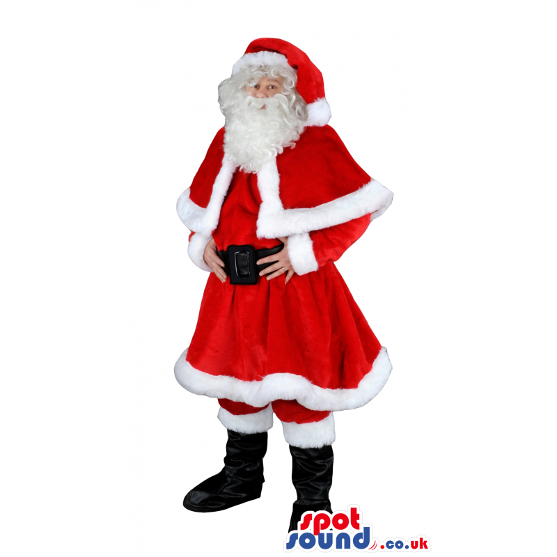 Red Santa Claus mascot with red capelet, hat with white