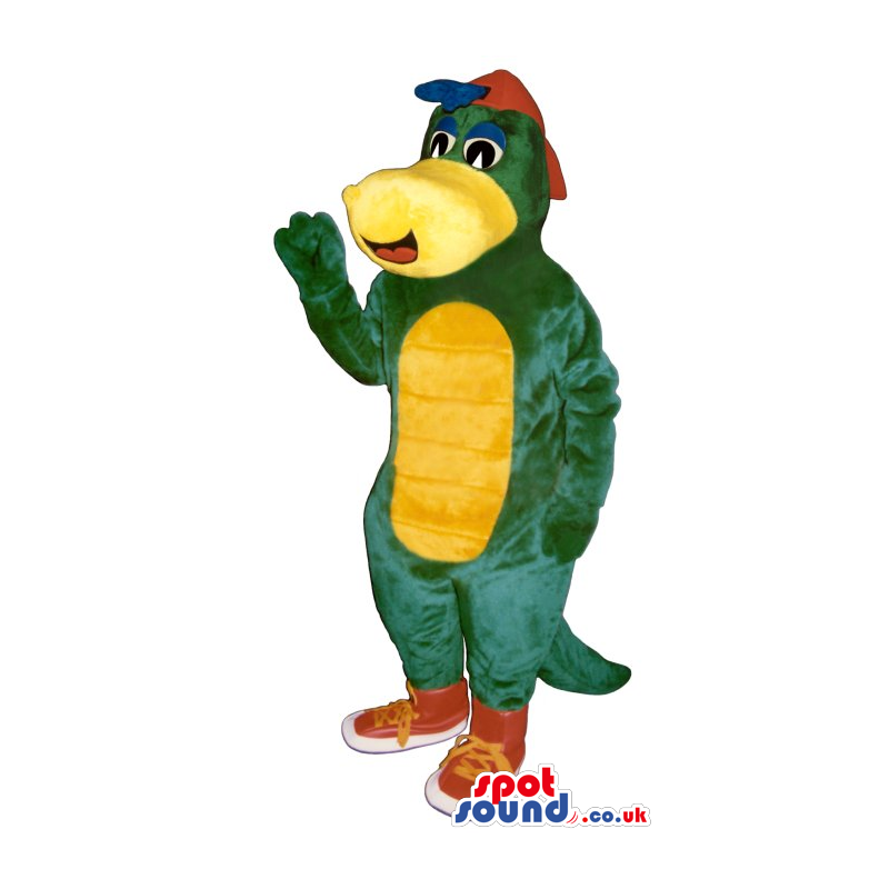 Green Alligator Plush Mascot With A Yellow Belly And A Cap -