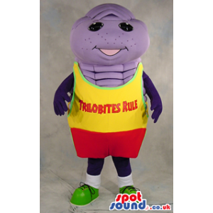 Purple Trilobite Mascot With Yelow And Red Garments With Text -