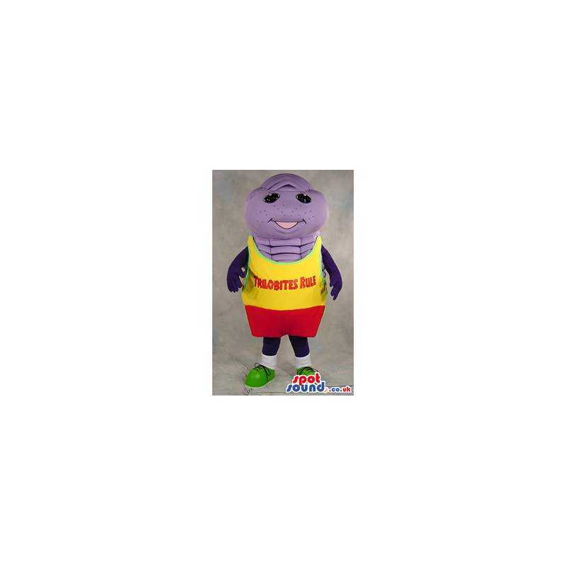 Purple Trilobite Mascot With Yelow And Red Garments With Text -