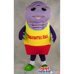 Purple Trilobite Mascot With Yelow And Red Garments With Text -