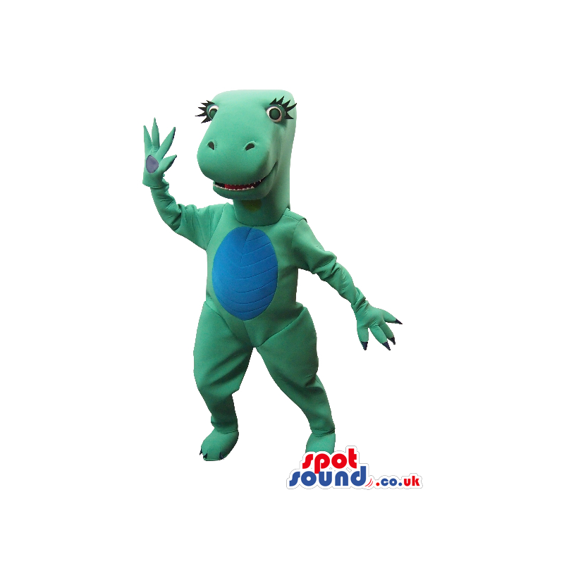 Green Dinosaur Girl Plush Mascot With A Blue Belly - Custom