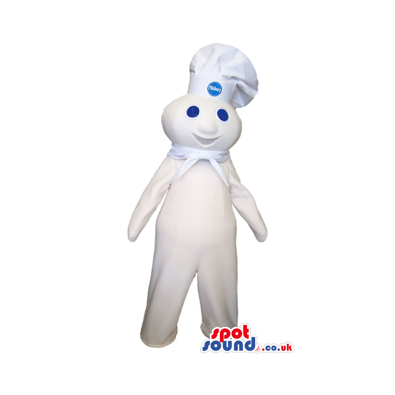 Happy White Creature Plush Mascot Wearing A Chef Hat With Logo