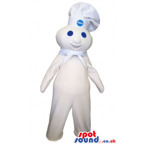Happy White Creature Plush Mascot Wearing A Chef Hat With Logo
