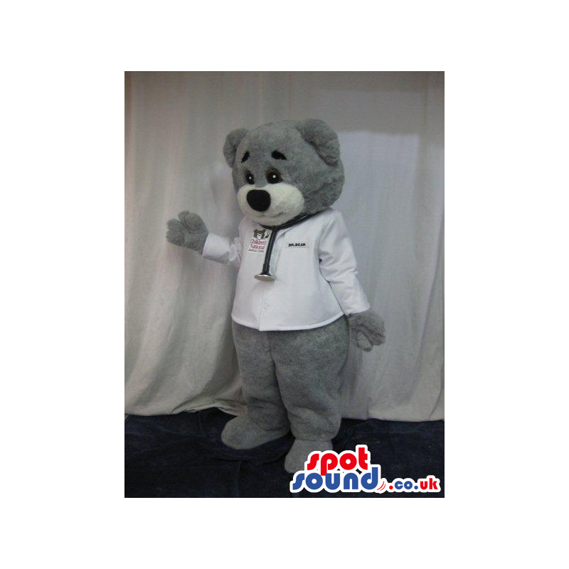 Grey Bear Plush Mascot Wearing Doctor Garments With Text -