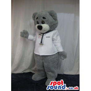 Grey Bear Plush Mascot Wearing Doctor Garments With Text -