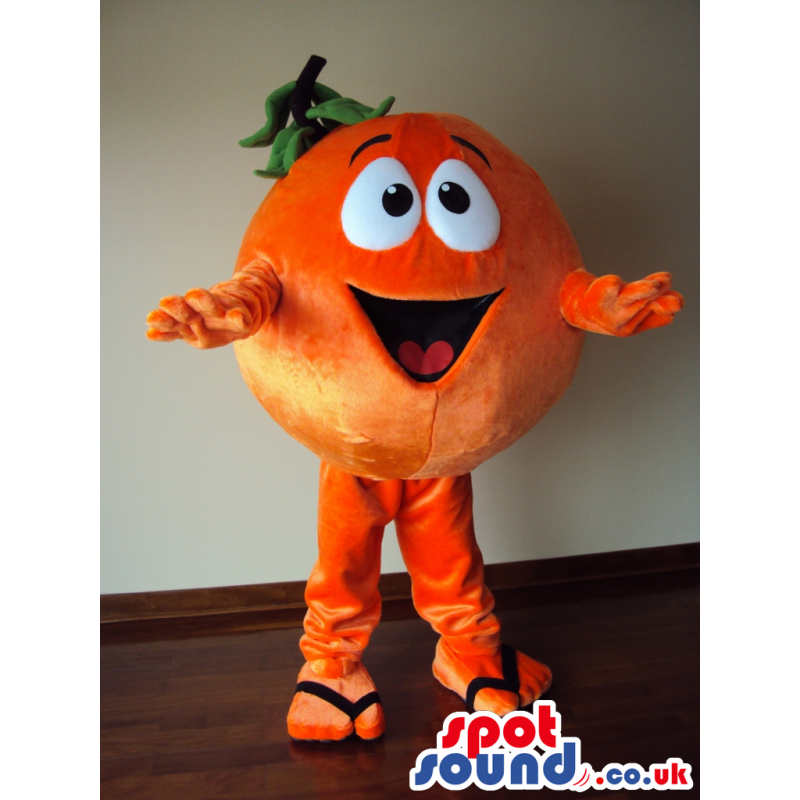 Orange mascot open mouth smile, legs and arms and green leaves