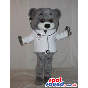 Grey Bear Plush Mascot Wearing Doctor Garments With Text -