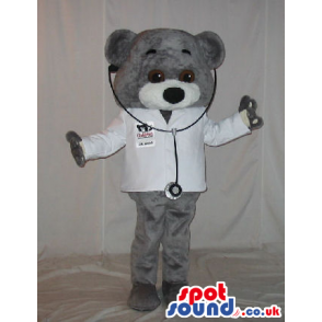 Grey Bear Plush Mascot Wearing Doctor Garments With Text -