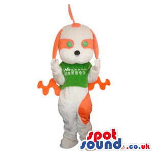 Fantasy White And Orange Dog Plush Mascot Wearing A Green Top -