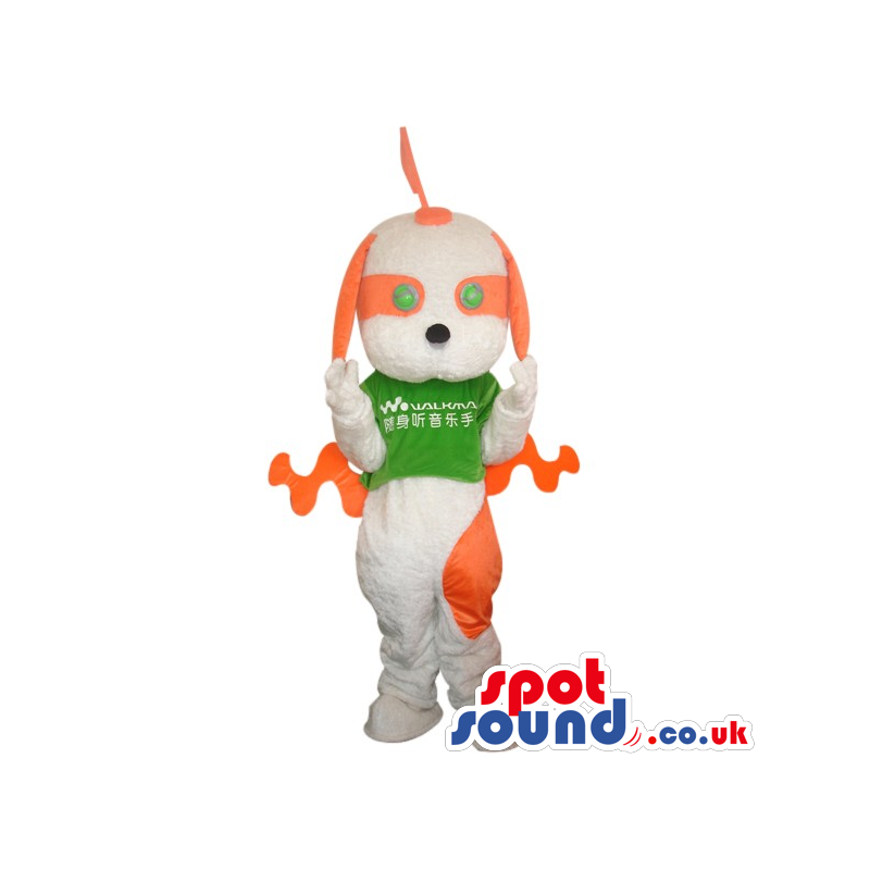 Fantasy White And Orange Dog Plush Mascot Wearing A Green Top -