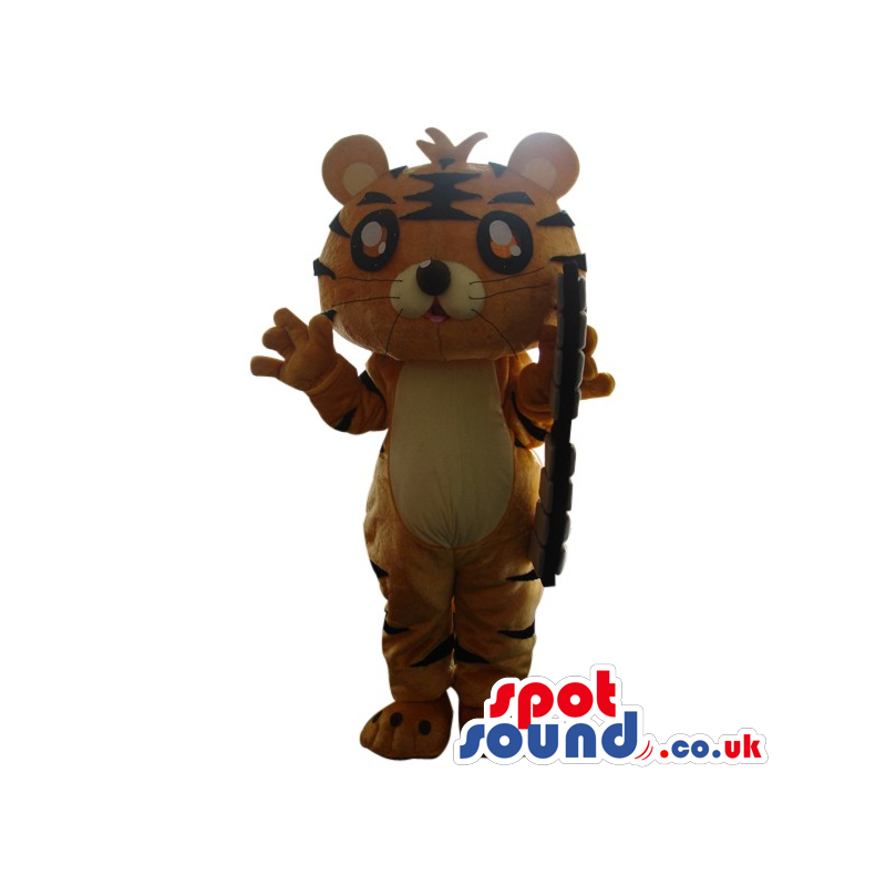 Fantasy Orange Tiger Plush Mascot With Glasses And A Weapon -