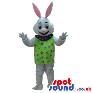 Cute White Rabbit Plush Mascot Wearing A Green Top - Custom