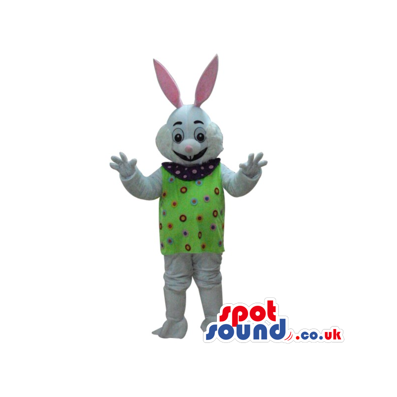 Cute White Rabbit Plush Mascot Wearing A Green Top - Custom