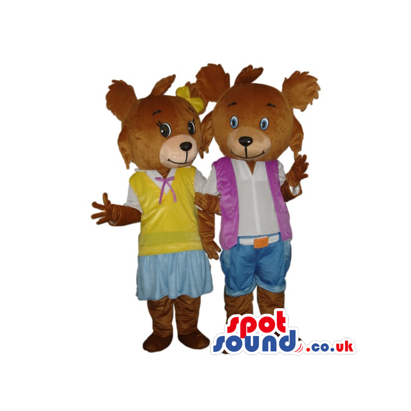 Two Boy And Girl Brown Bear Cute Cat Plush Mascots With