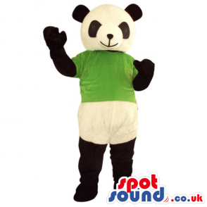 Cute Panda Bear Plush Mascot Wearing A Green T-Shirt - Custom