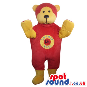 Yellow Teddy Bear Plush Mascot Wearing Red Clothes With A Logo